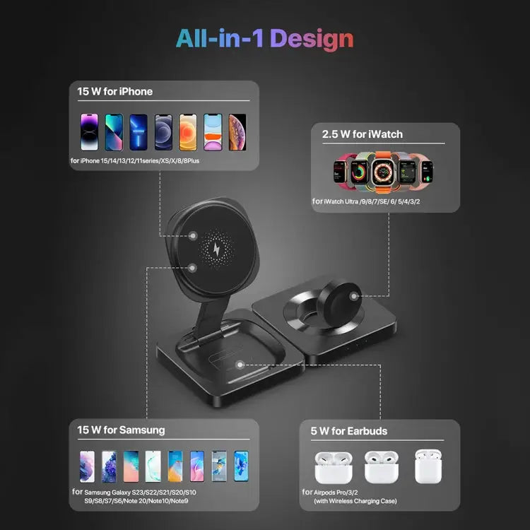 M9 3-In-1 Portable Magnetic Folding Wireless Charger Fast Charging Bracket